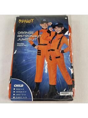 NEW Spirit Halloween NASA Orange Astronaut Costume Child Size Medium 8-10 W/ Hat